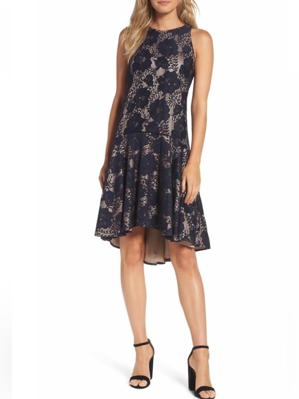 Eliza J Navy Floral Lace High-Low Dress with Blush Underlay